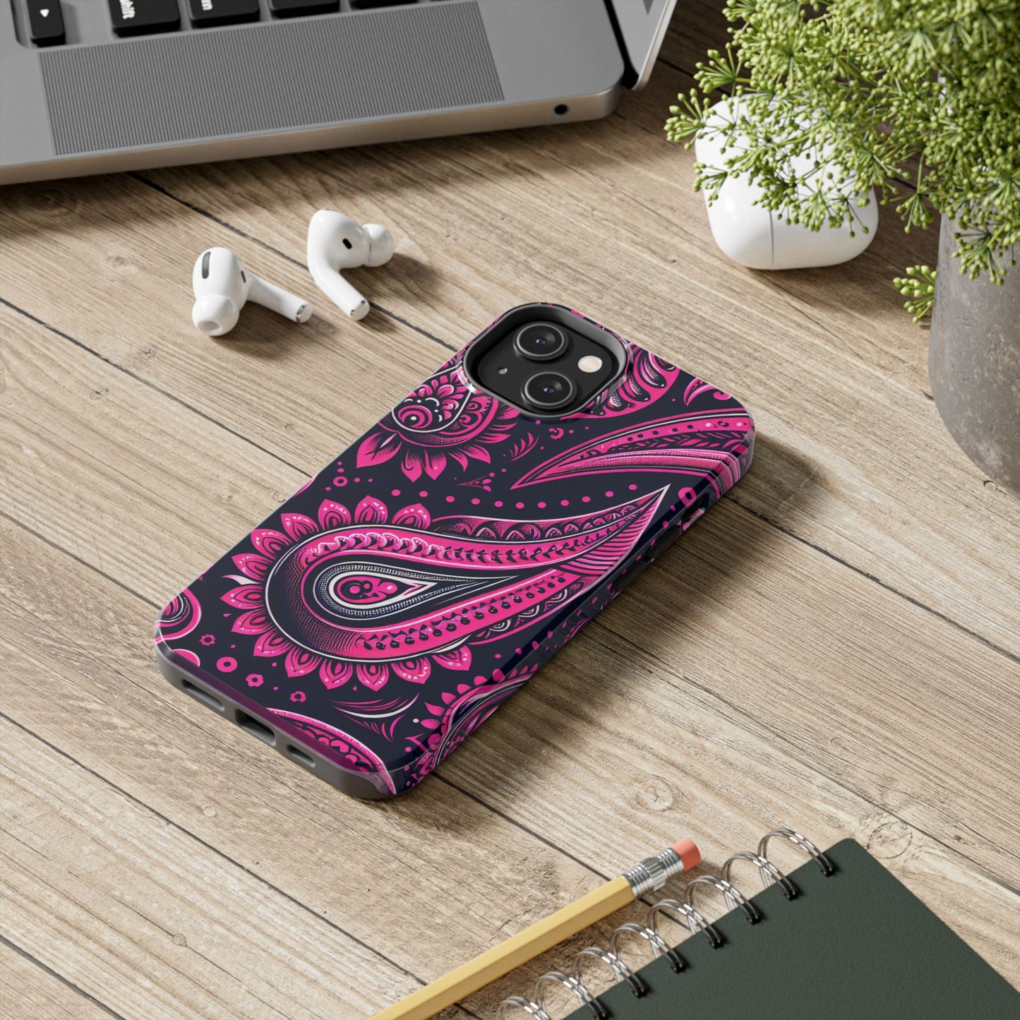 Phone Case - Vibrant Hot Pink Paisley with Black Background