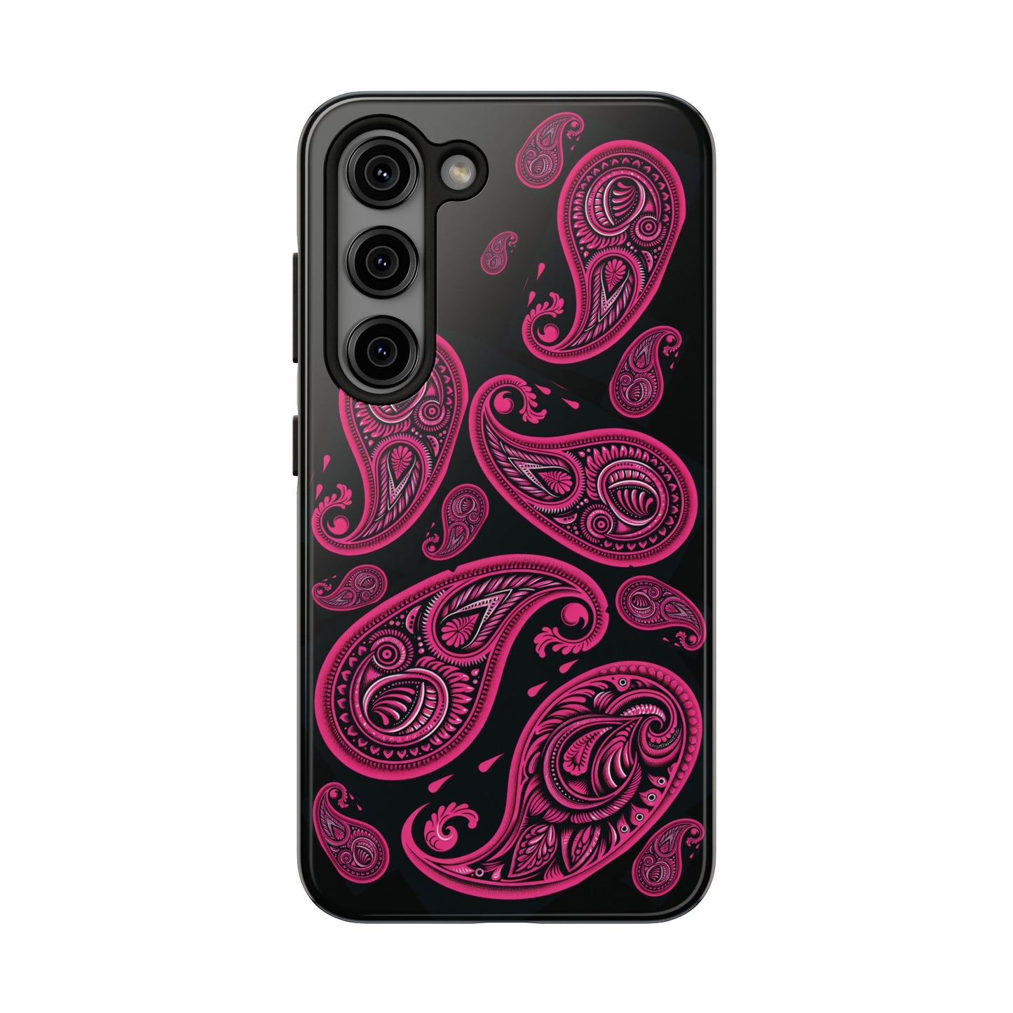 Tough Phone Case - Black with Hot Pink Paisley Design