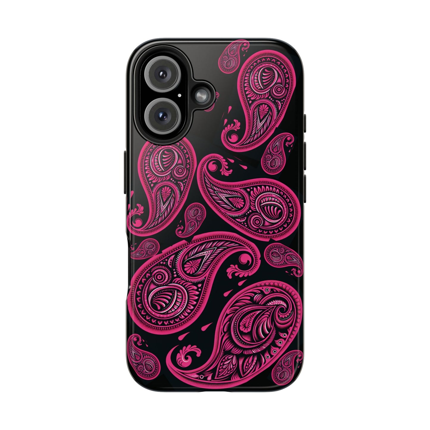 Tough Phone Case - Black with Hot Pink Paisley Design