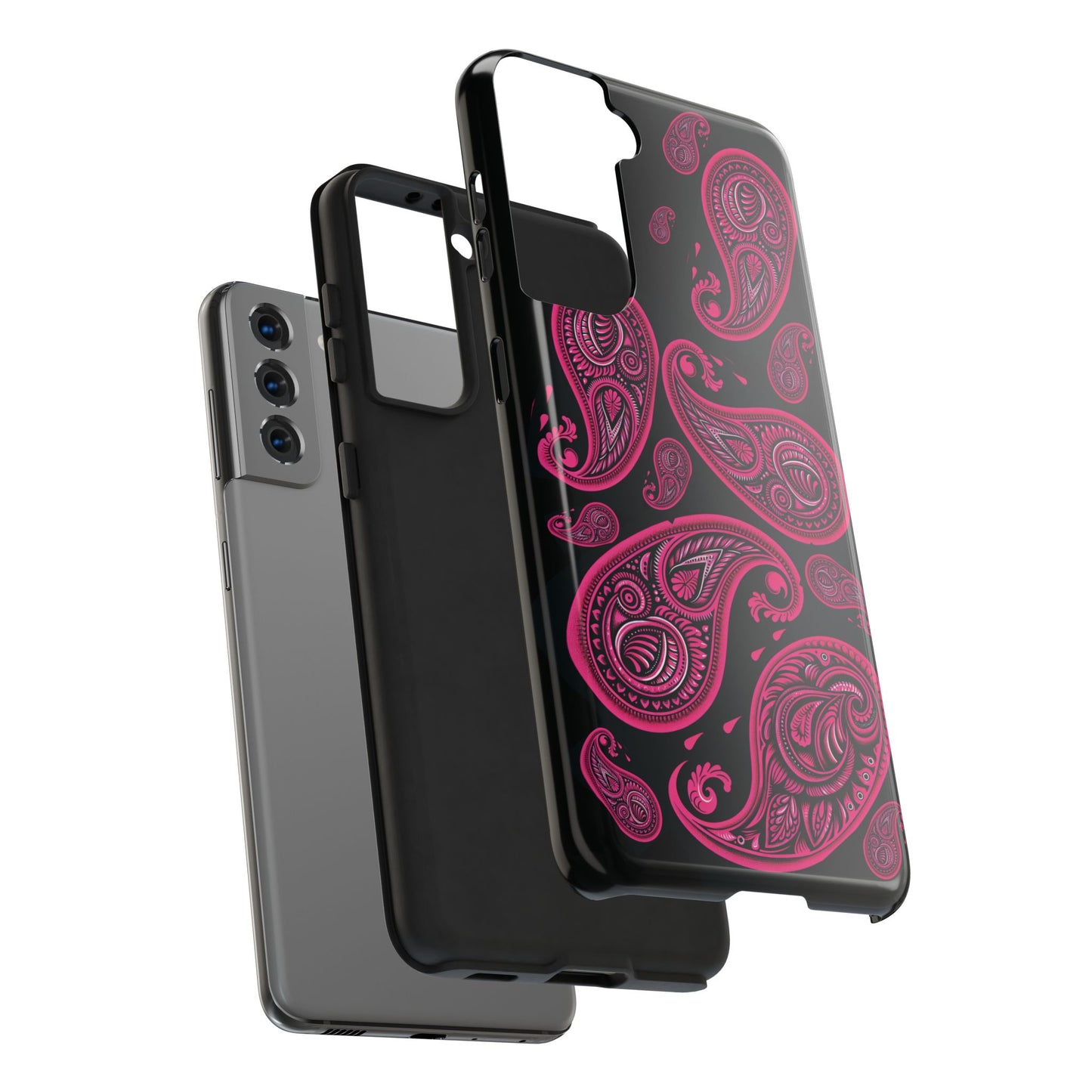Tough Phone Case - Black with Hot Pink Paisley Design