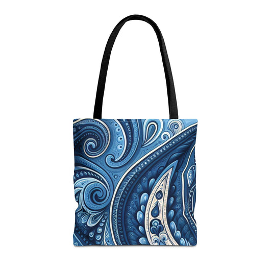 Blue Paisley Tote Bag - Trendy Boho Style School Book Overnight Bag, Chic Personalized Durable Handle Color Choice, Fashion Carryall, Beach