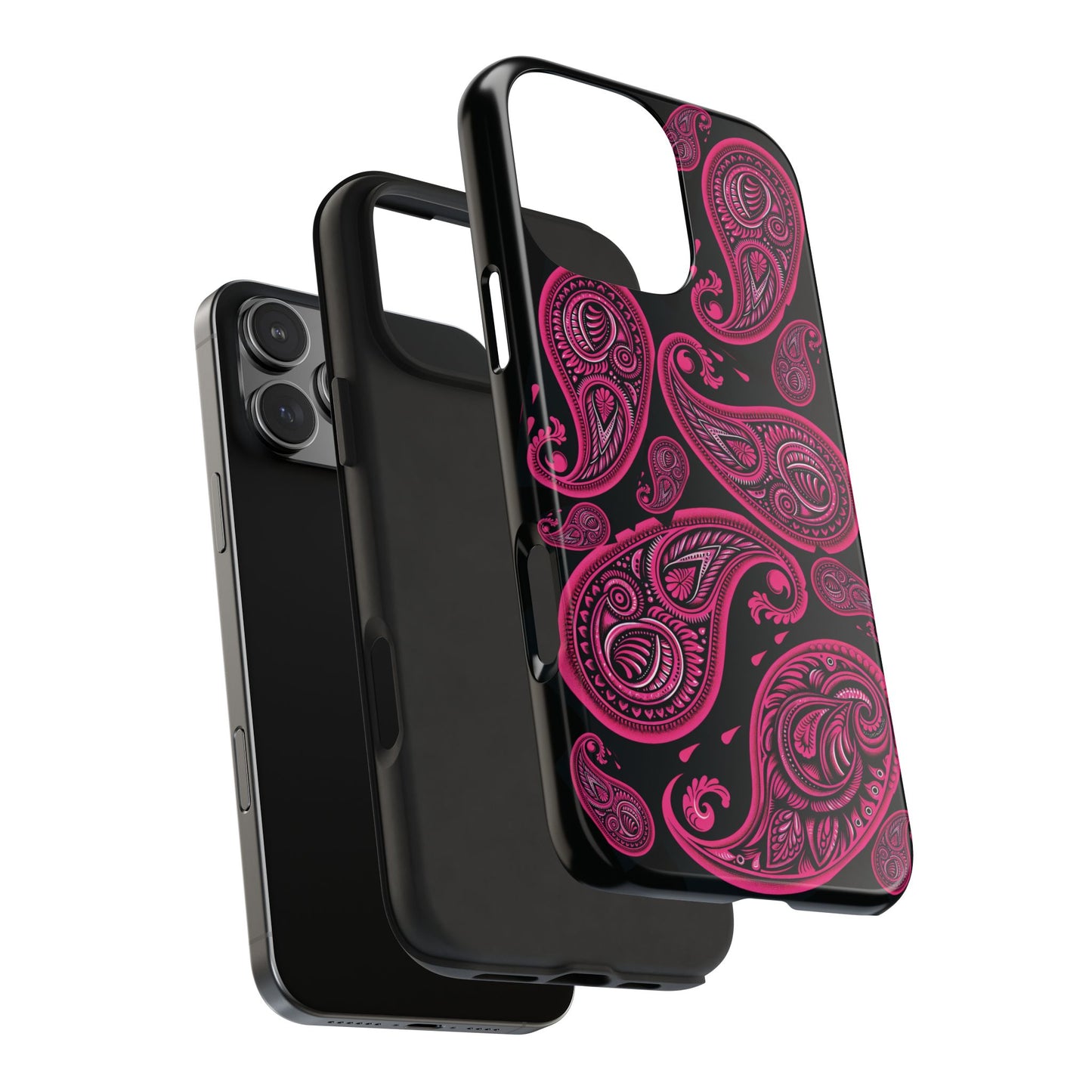 Tough Phone Case - Black with Hot Pink Paisley Design