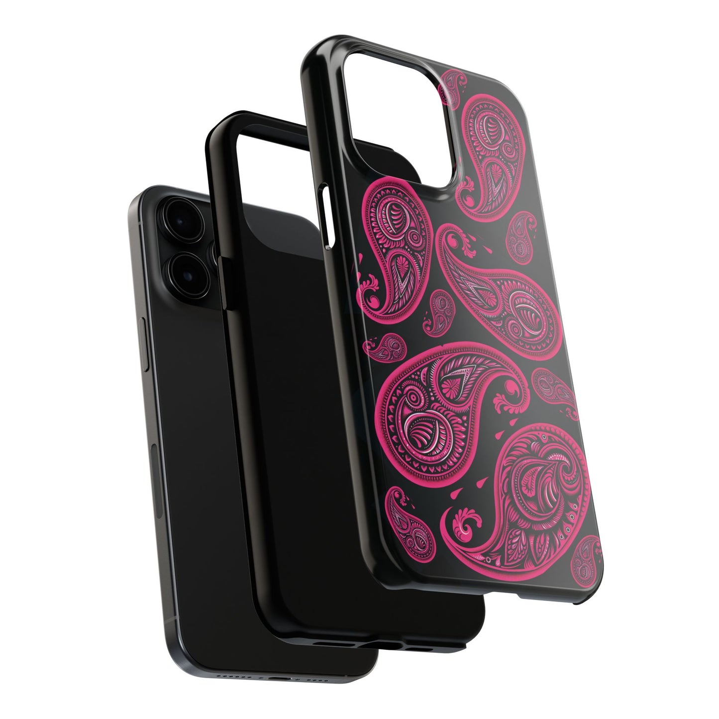Tough Phone Case - Black with Hot Pink Paisley Design