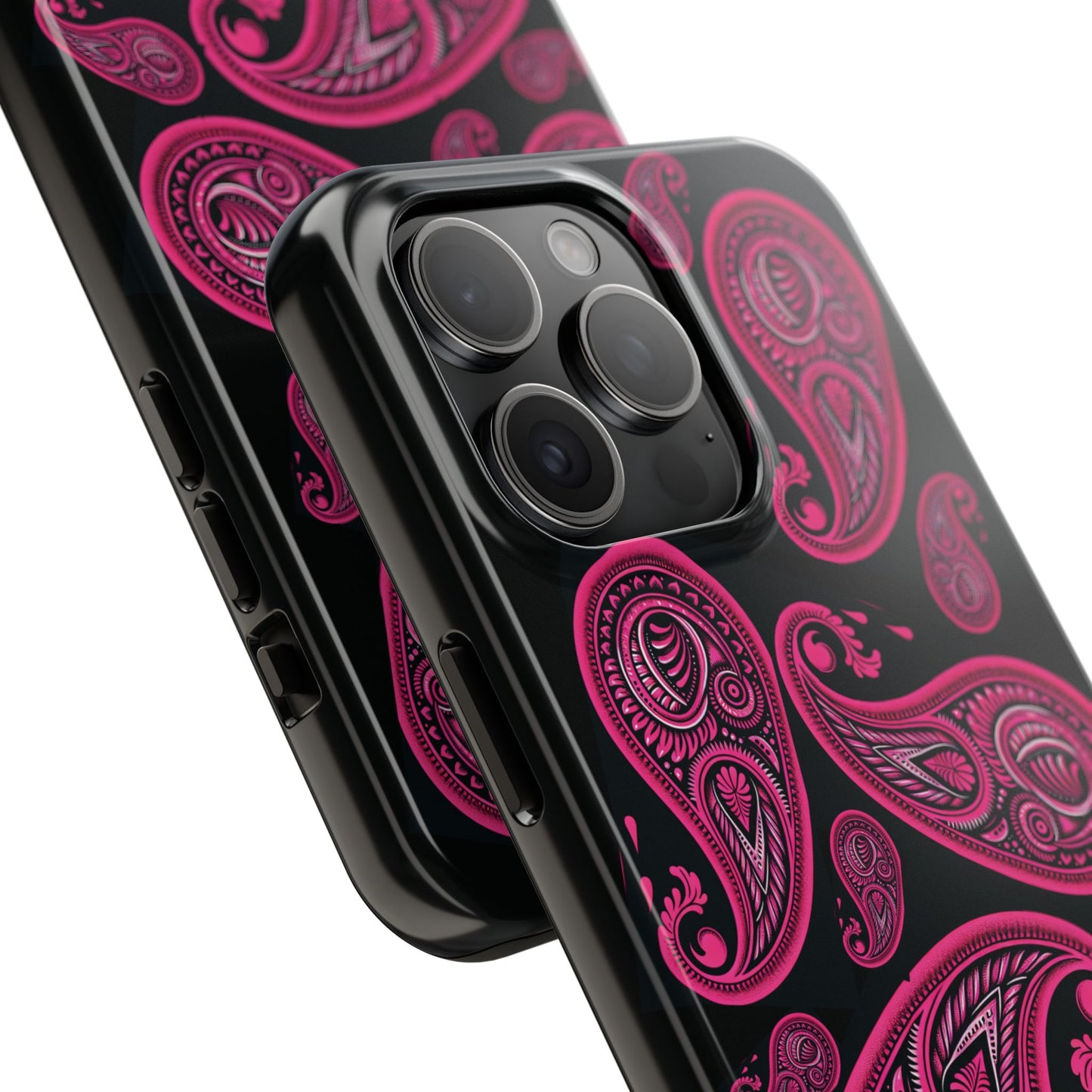 Tough Phone Case - Black with Hot Pink Paisley Design