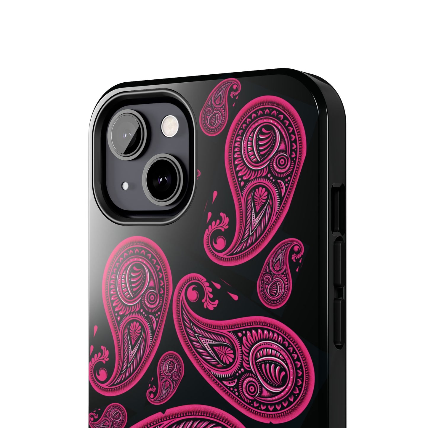 Tough Phone Case - Black with Hot Pink Paisley Design