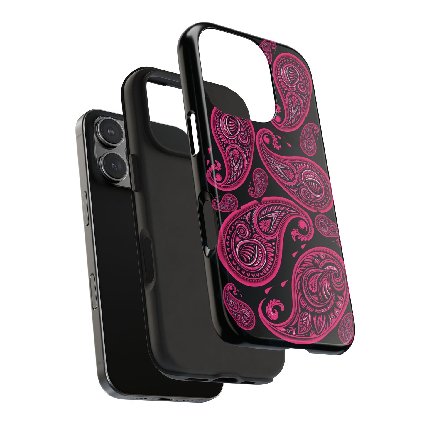 Tough Phone Case - Black with Hot Pink Paisley Design