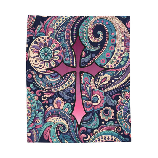 Velveteen Plush Blanket - Pink Navy Paisley Cross Pattern - with Pink Cross - Cozy Home Decor & Yoga Throw, Dorm Room
