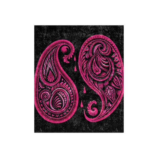 Velvet Blanket - Black with Pink Paisleys, Vibrant Boho Chic Style