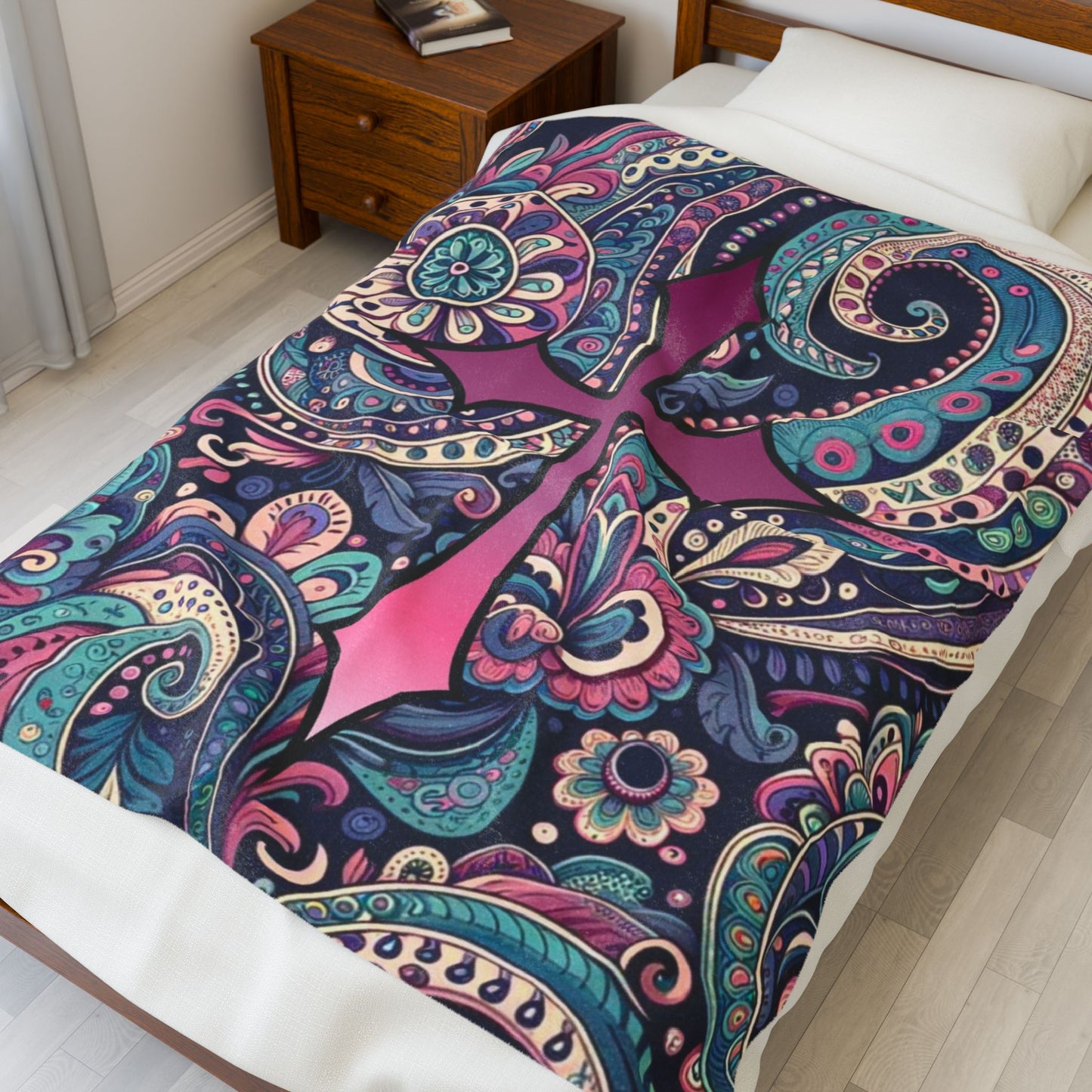 Velveteen Plush Blanket - Pink Navy Paisley Cross Pattern - with Pink Cross - Cozy Home Decor & Yoga Throw, Dorm Room