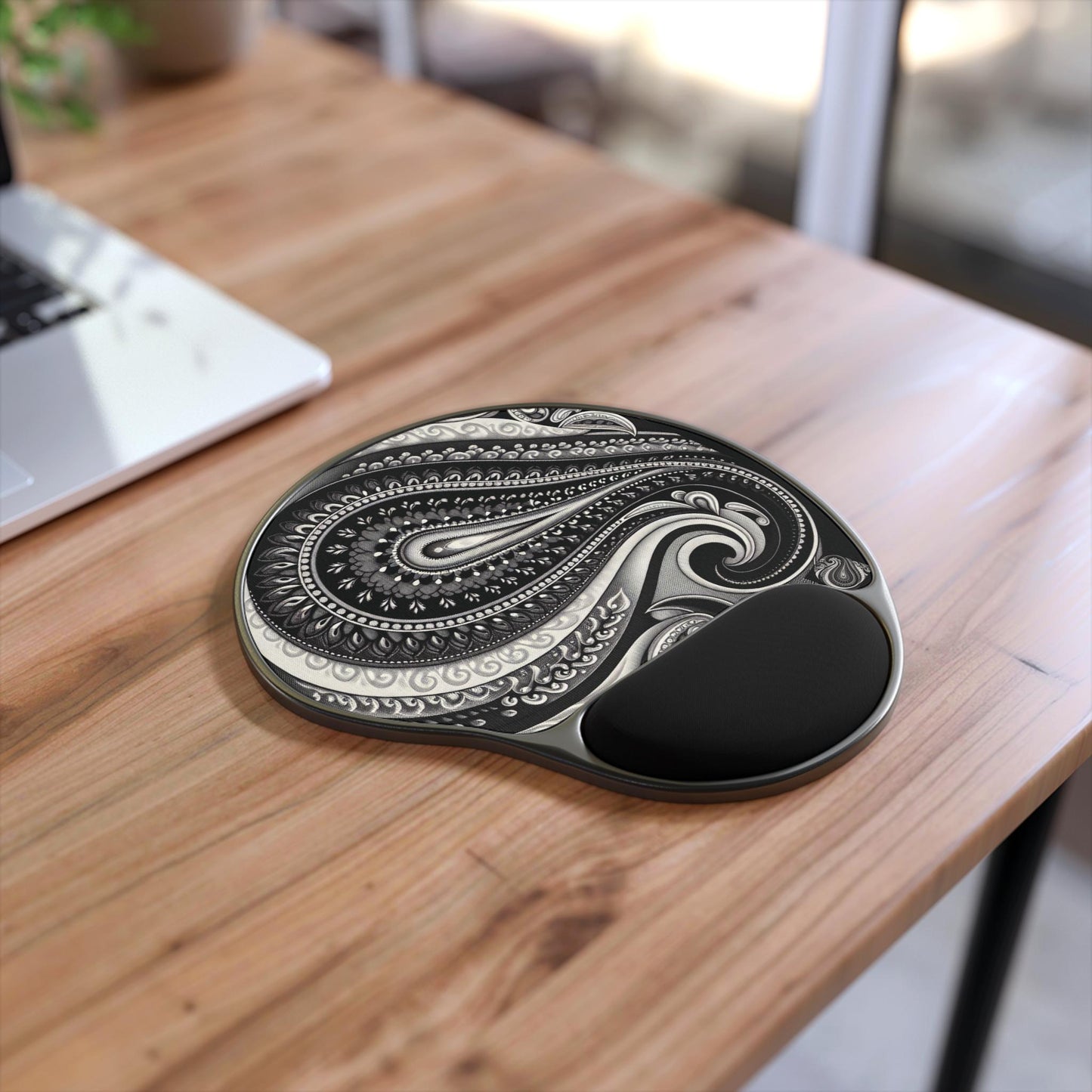 Mouse Pad, Elegant Black and White Paisley, Stylish Desk Accessory with Wrist Rest, Ideal for Office Decor and Computer Gift, Cozy Workspace