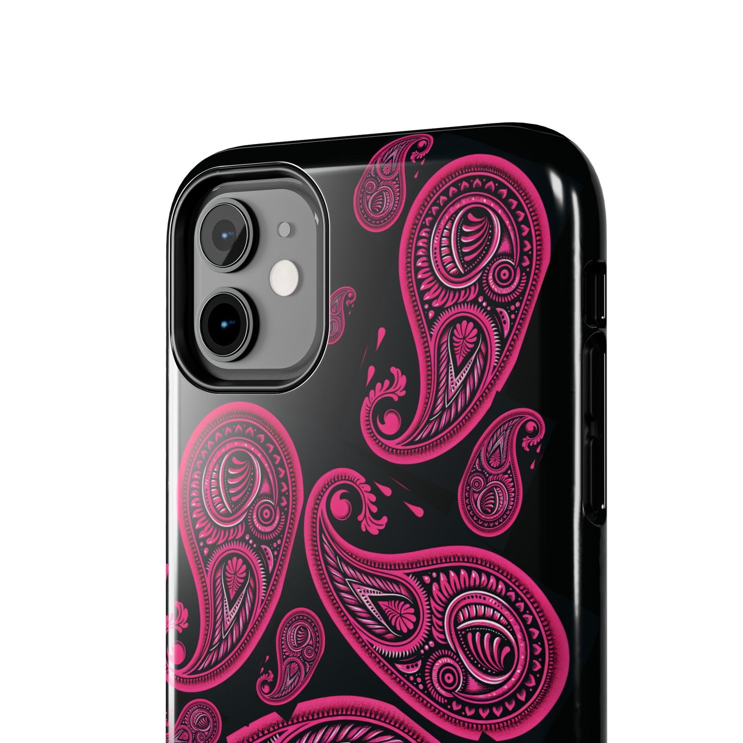 Tough Phone Case - Black with Hot Pink Paisley Design