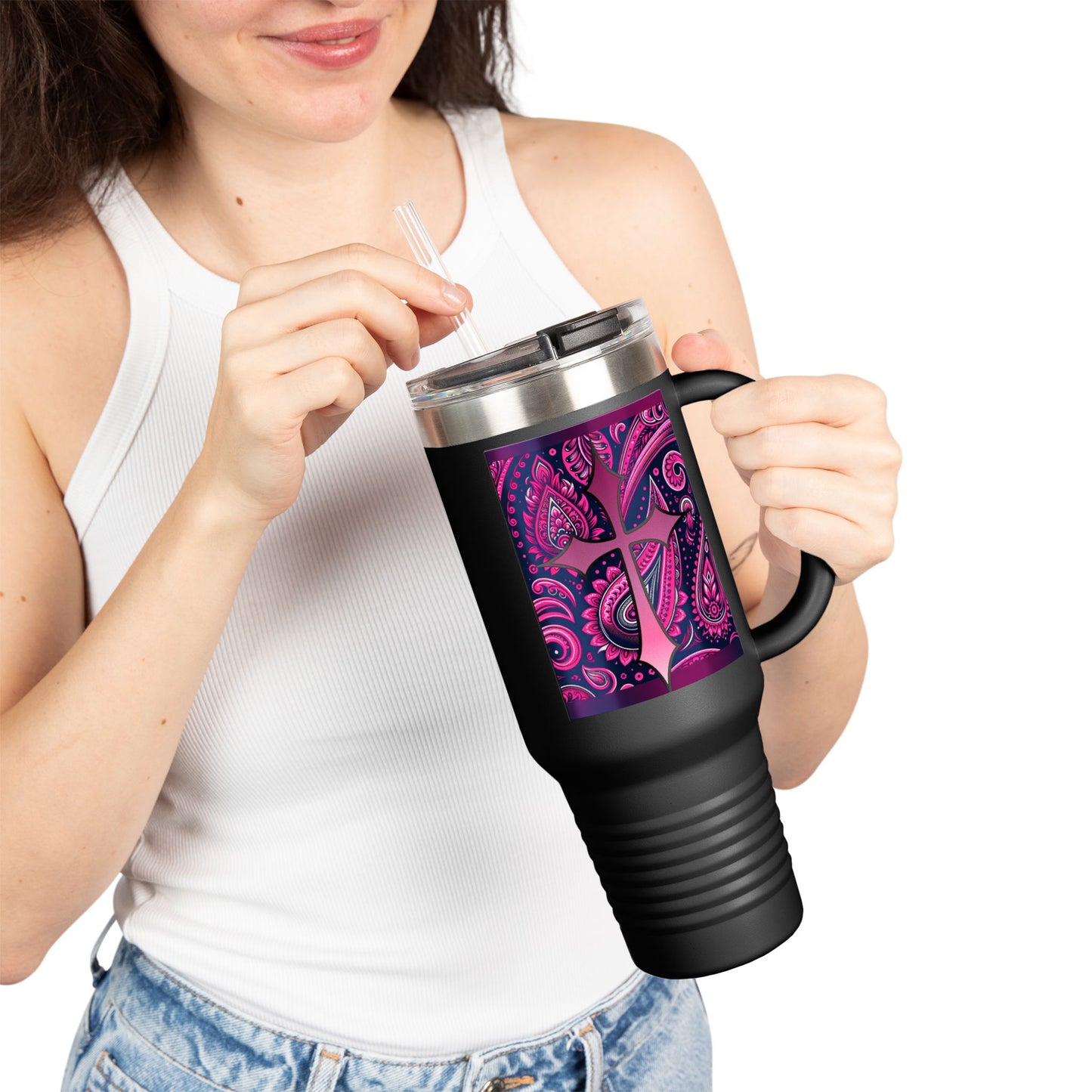 Black Travel Mug with Hot Pink Paisley Faith Insulated Travel Mug, 40oz - Coffee Lovers Gift for Holidays