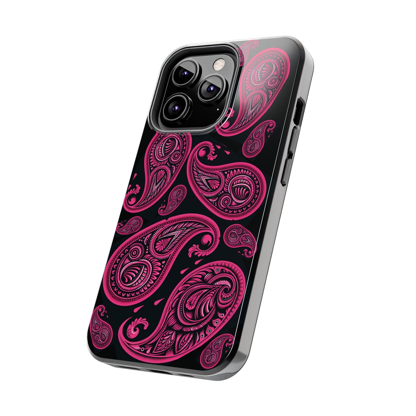 Tough Phone Case - Black with Hot Pink Paisley Design