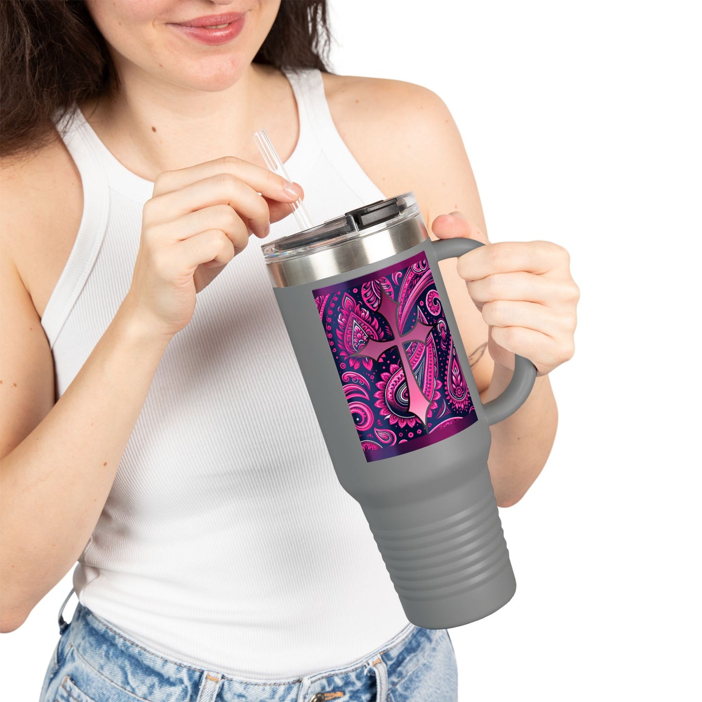 Pink Paisley Faith Insulated Travel Mug, 40oz - Coffee Lovers Gift for Holidays