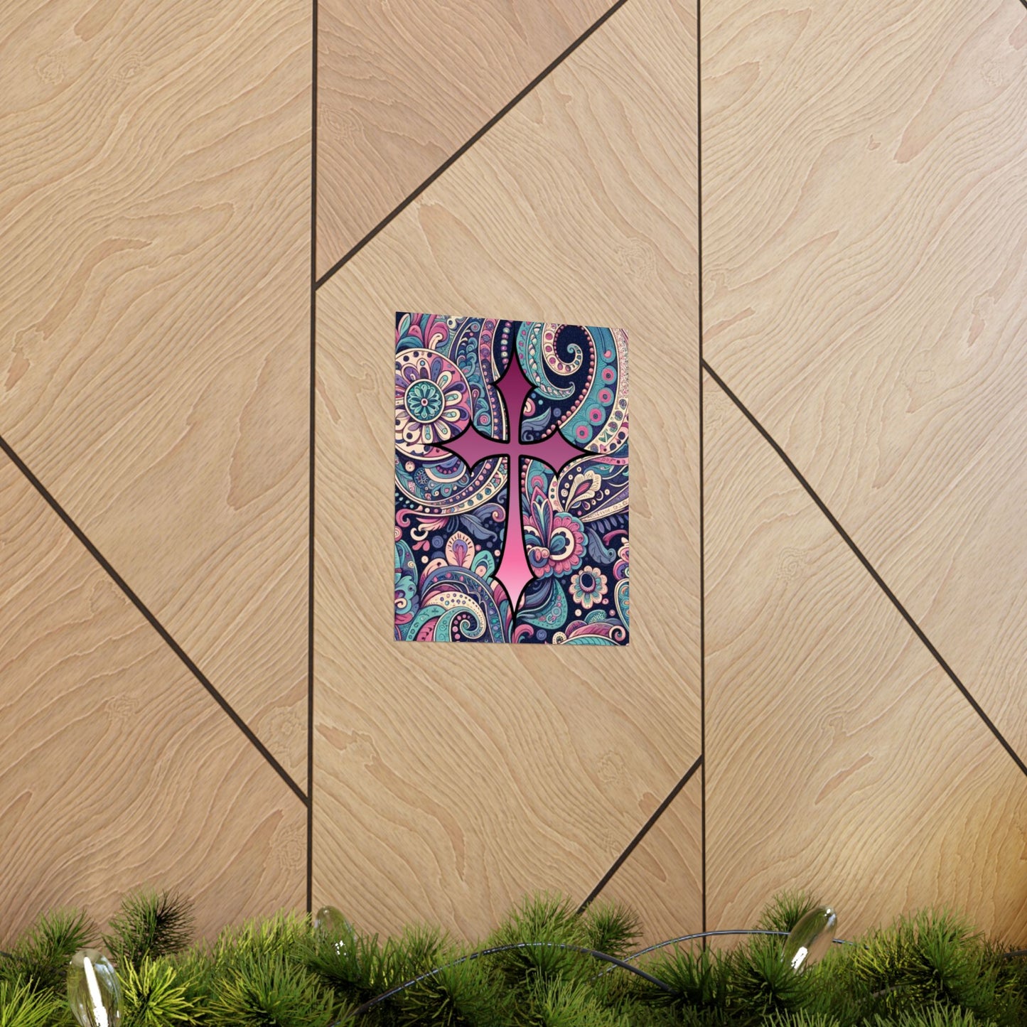 Chic and Colorful Newbo Design- Pink Cross and Paisley Design of Faith for Dorms. Back to School, Home Office, and Bedrooms