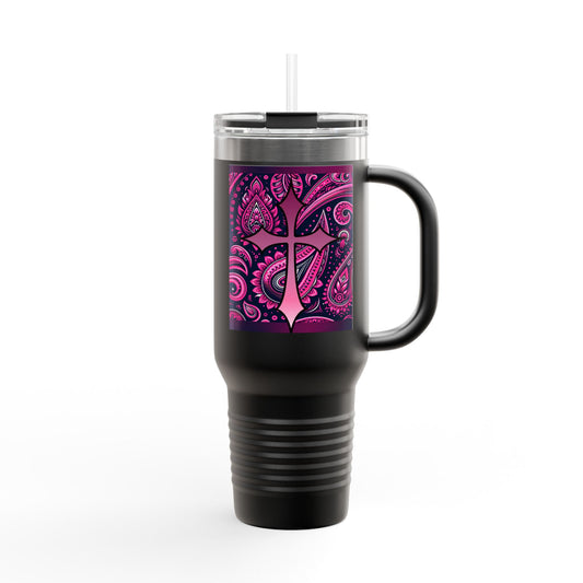 Black Travel Mug with Hot Pink Paisley Faith Insulated Travel Mug, 40oz - Coffee Lovers Gift for Holidays