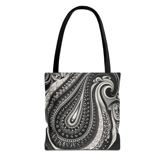 Boho Paisley Tote Bag, Chic School or book Bag, Fashion Accessory, Gift for Her, Black and White, 3 Sizes, with options for handle color.