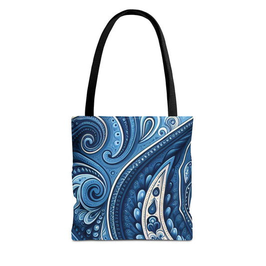 Blue Paisley Tote Bag - Trendy Boho Style School Book Overnight Bag, Chic Personalized Durable Handle Color Choice, Fashion Carryall, Beach